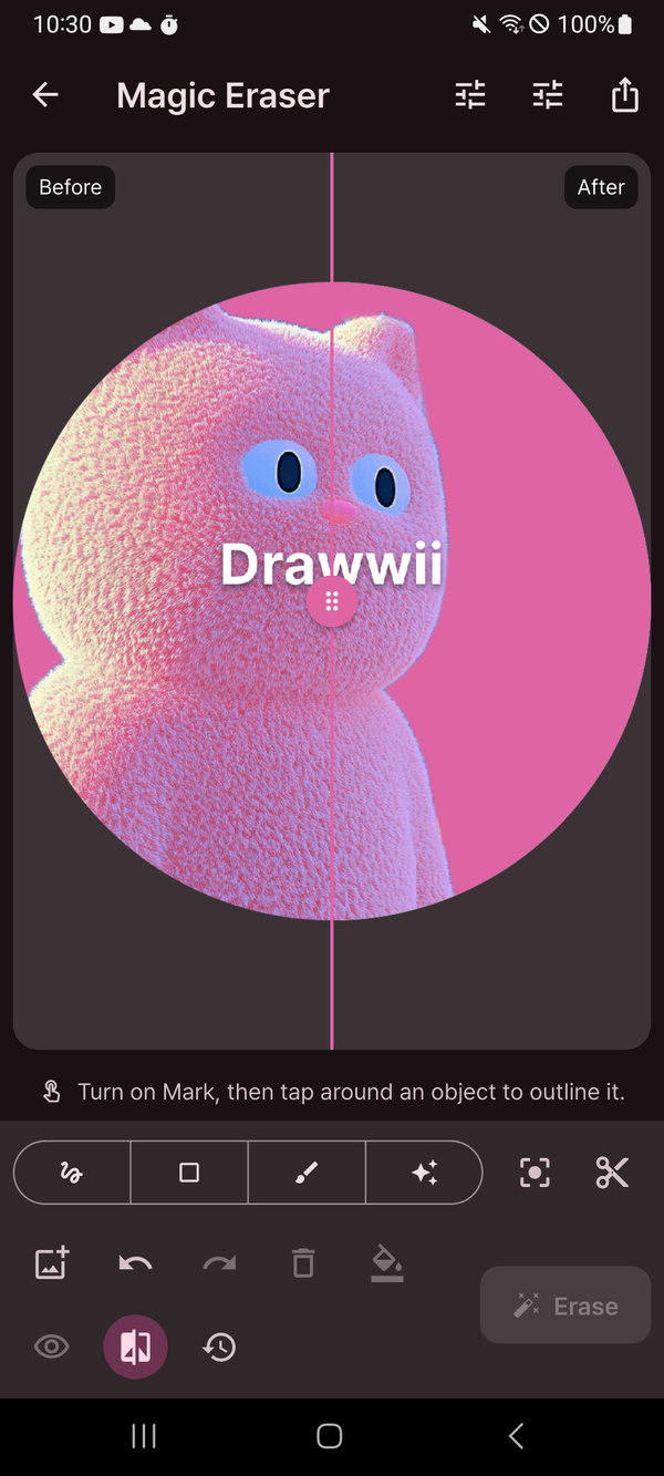 The Drawwii Magic Eraser screen with a before-and-after slider on an edited photo