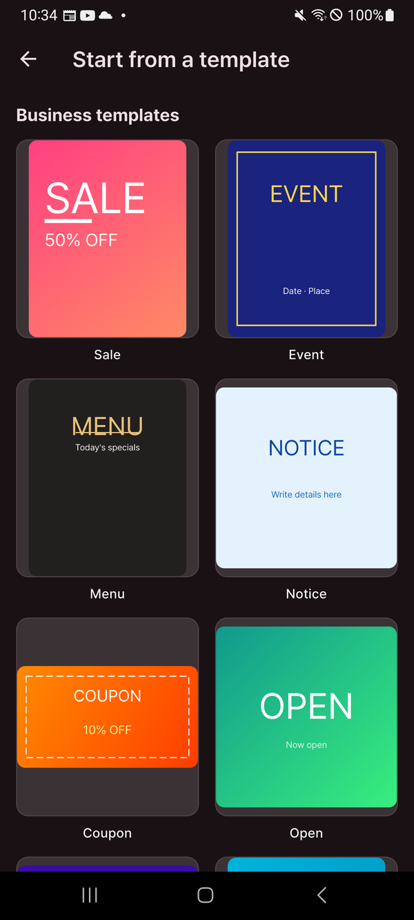 The template picker showing business and event layouts