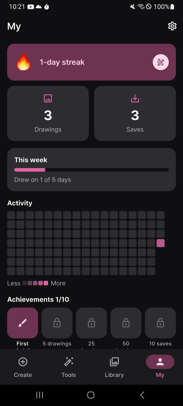 The habit screen with a drawing streak and activity heatmap