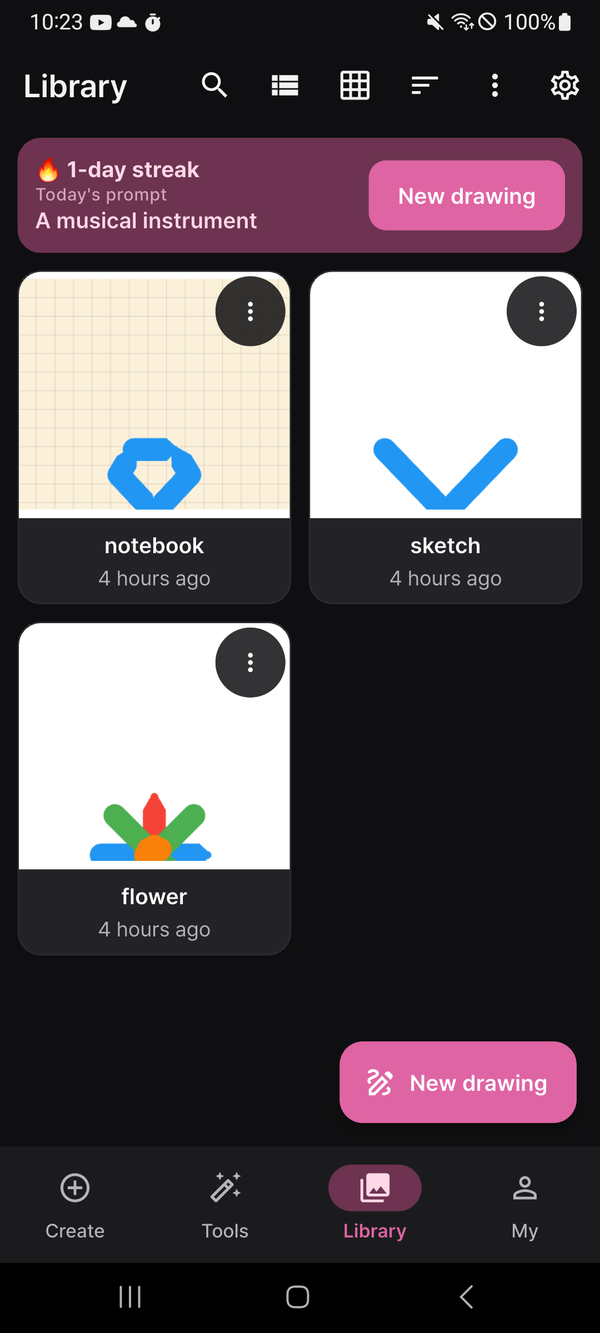 The gallery grid with favorited and tagged drawings